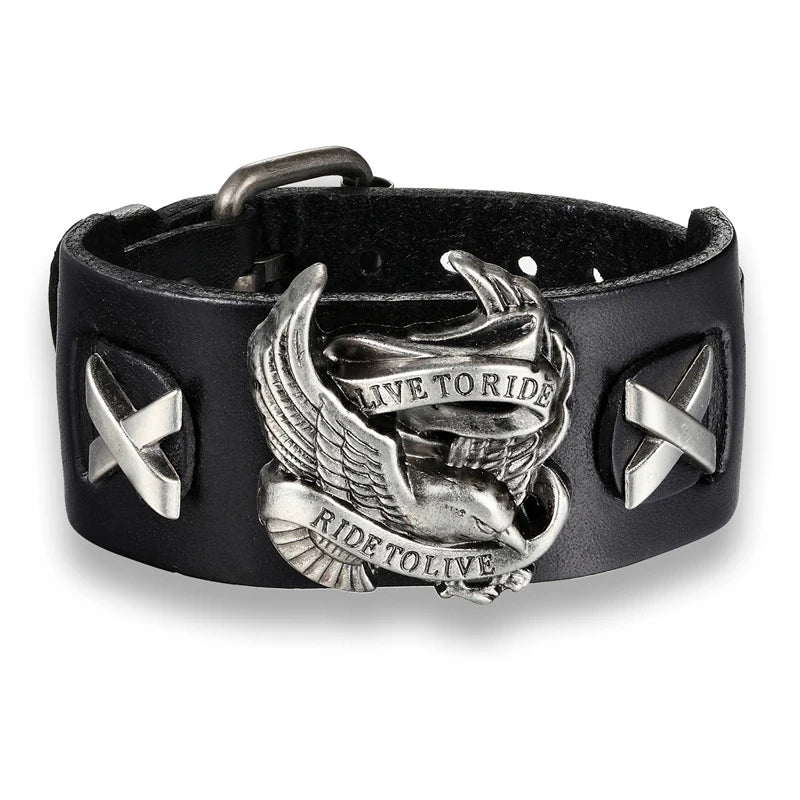 Genuine Leather Biker Eagle Wide Cuff Bracelet | Gothic Rock Wristband for Men