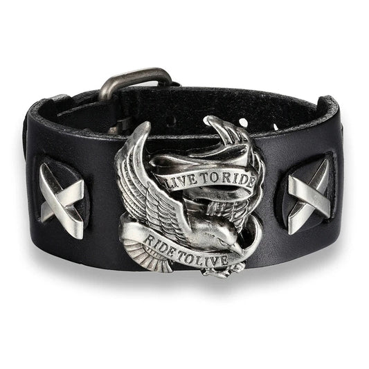 Genuine Leather Biker Eagle Wide Cuff Bracelet | Gothic Rock Wristband for Men