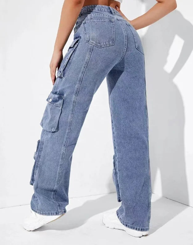 Retro Streetwear Denim Cargo Jeans – High Waist Washed Loose Fit with Flip Pockets