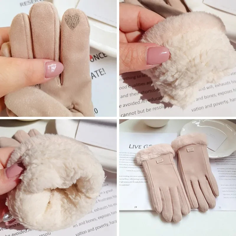 Women's Winter Thick Plush Touchscreen Gloves – Warm Suede Ladies Gloves