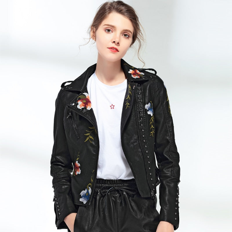 Women's Floral Embroidery PU Leather Biker Jacket – Turn-Down Collar | Black