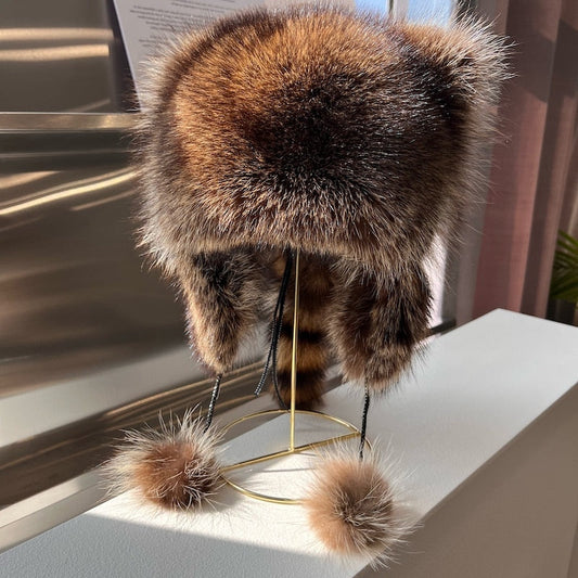 Women's Natural Raccoon Fur Ushanka Hat – Adjustable