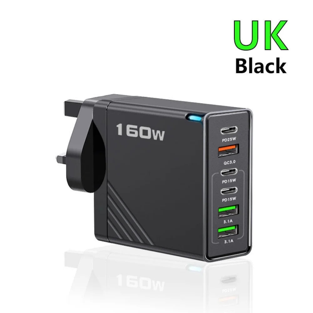 160W Multi Ports USB Type C Charger Fast Charging Phone Charger Adapter For iPhone Samsung Xiaomi EU/US/UK Plug USB Wall Charger