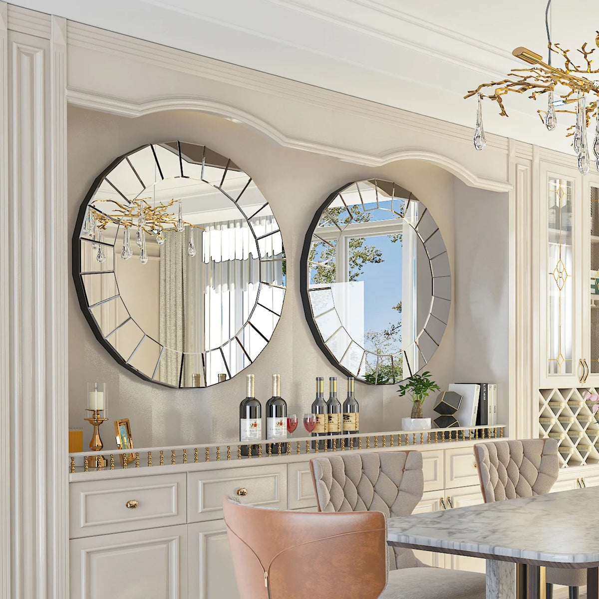 Round Silver Wall-mounted Mirrors for Hallway Living Room, Large Mirrors, Venetian Ornate Art Decor, 80cm
