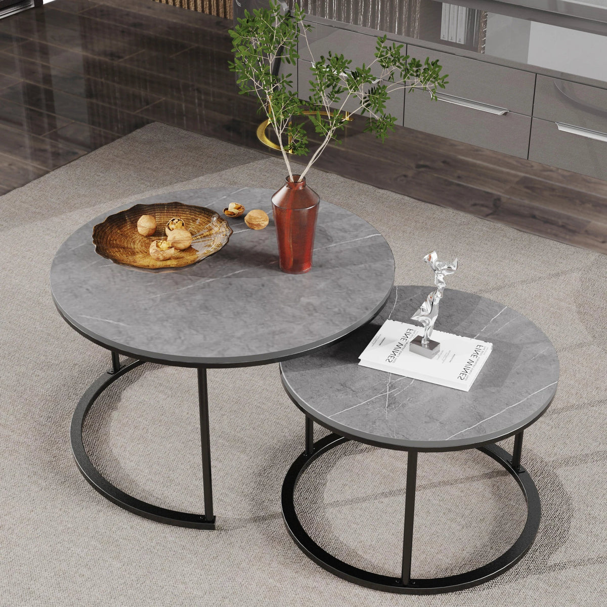 Marble Round Nesting Coffee Table, Side End Table, Accent Table, Metal Legs, Waterproof, Set of 2