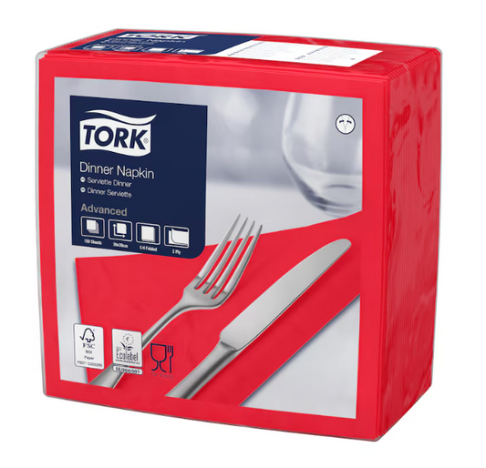 12 x Servilletas Tork para Cena Rojas 2 Pliegues Paq. 150