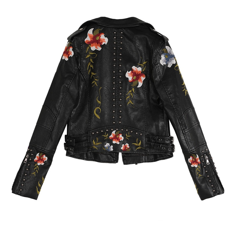 Women's Floral Embroidery PU Leather Biker Jacket – Turn-Down Collar | Black