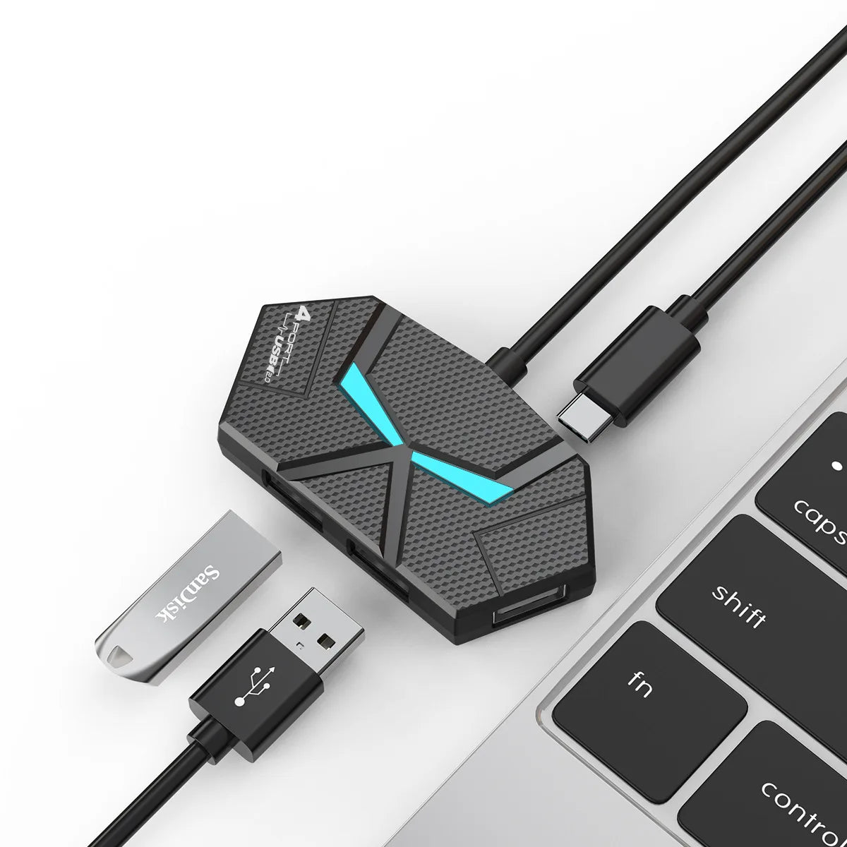 7-Port USB 2.0 Hub with Type-C Power Supply | 60cm & 1.2m Cable | Black or White