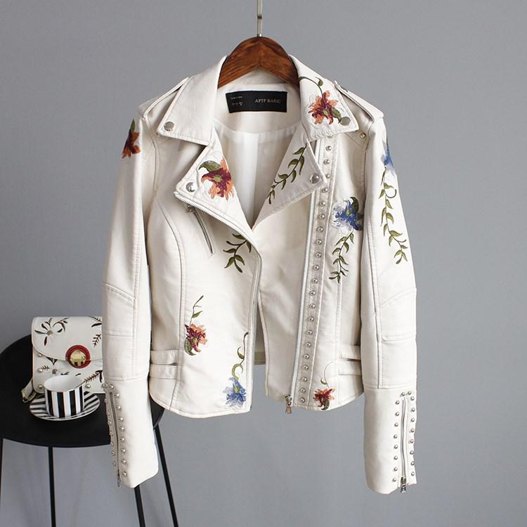 Women's Floral Embroidery PU Leather Biker Jacket – Turn-Down Collar | Black