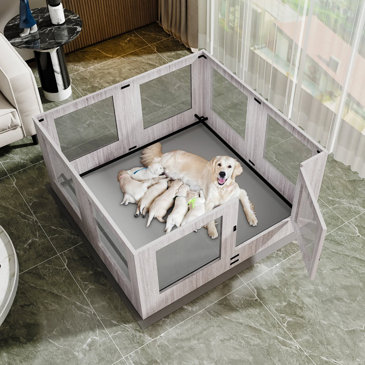 Tempered Glass Dog Puppies Playpen, Indoor Pet Whelping Pen Box Cage, Exercise Fence, with Waterproof Fertility Pad, 8 Panels