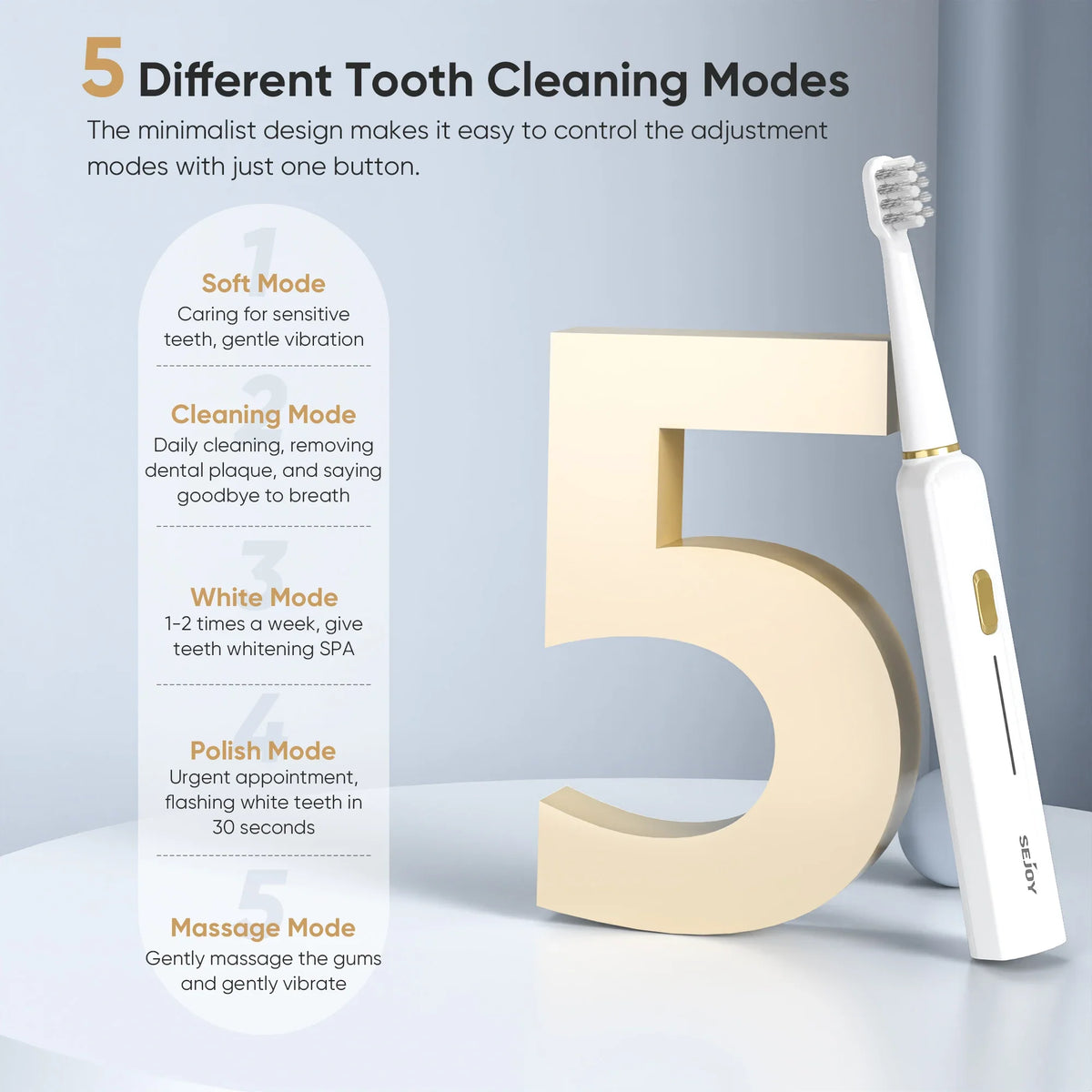 SEJOY Sonic Electric Toothbrush White Gold Rechargeable with 12 Brush Heads USB