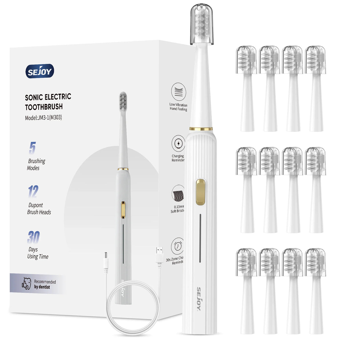 SEJOY Sonic Electric Toothbrush White Gold Rechargeable with 12 Brush Heads USB