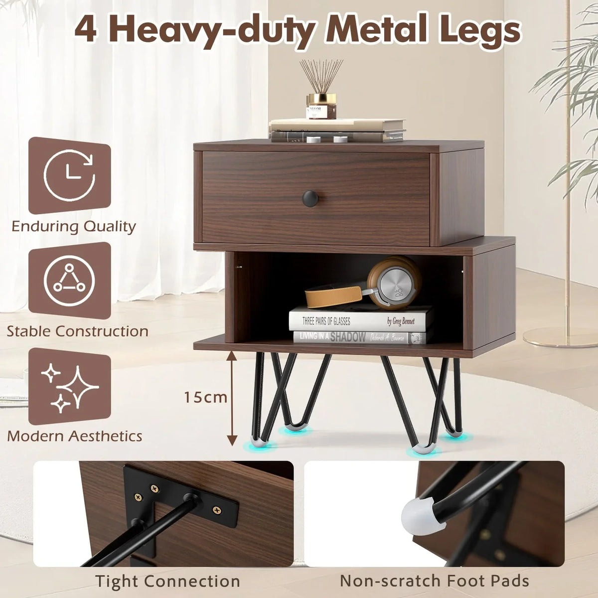 Bedside Table Set of 2 Mid Century Modern Nightstand Drawer Walnut Side Tables