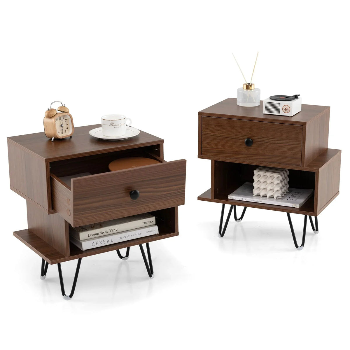 Bedside Table Set of 2 Mid Century Modern Nightstand Drawer Walnut Side Tables