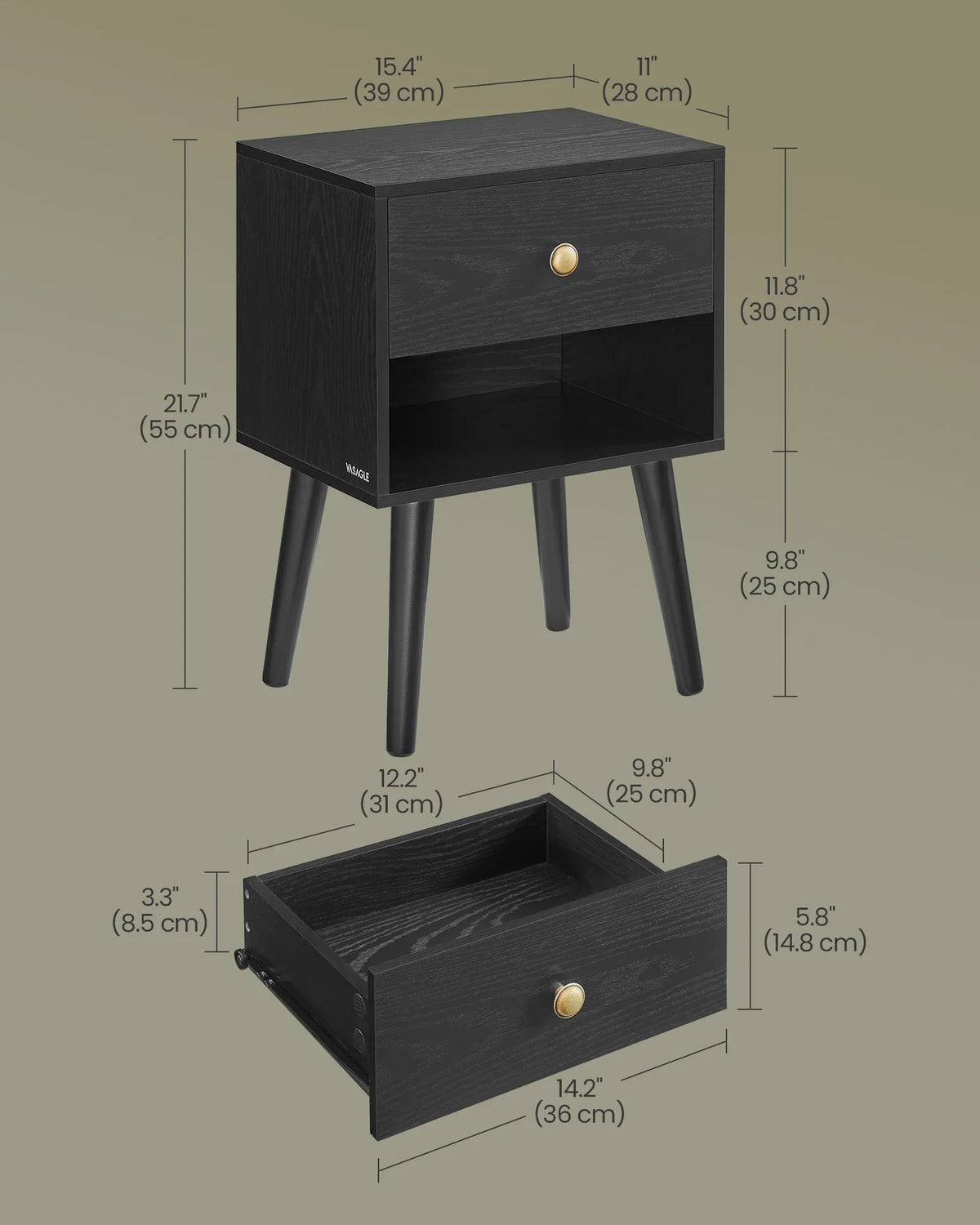 Set of 2 Black Modern Bedside Tables - Wooden Legs Drawer & Open Shelf Table