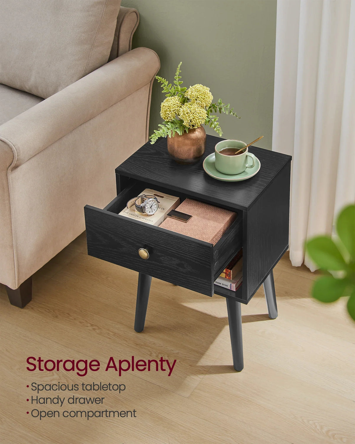 Set of 2 Black Modern Bedside Tables - Wooden Legs Drawer & Open Shelf Table