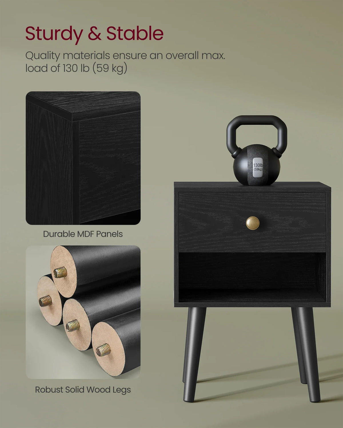Set of 2 Black Modern Bedside Tables - Wooden Legs Drawer & Open Shelf Table
