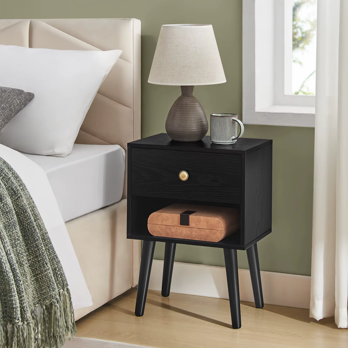 Set of 2 Black Modern Bedside Tables - Wooden Legs Drawer & Open Shelf Table