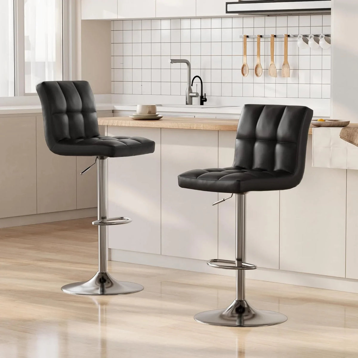 Bar Stools Set of 2 PU Leather Swivel Height Adjustable Chairs - Kitchen Counter