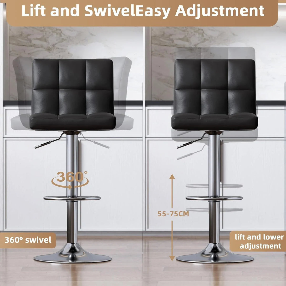 Bar Stools Set of 2 PU Leather Swivel Height Adjustable Chairs - Kitchen Counter