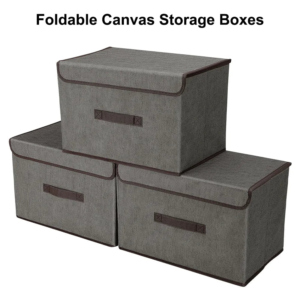 Set of 3 Large Foldable Canvas Storage Boxes - Fabric Clothes Baskets with Lid