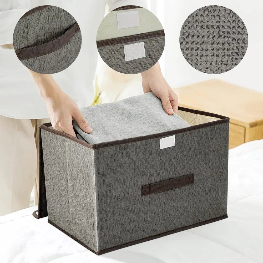 Set of 3 Large Foldable Canvas Storage Boxes - Fabric Clothes Baskets with Lid