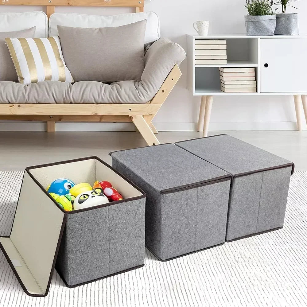 Set of 3 Large Foldable Canvas Storage Boxes - Fabric Clothes Baskets with Lid