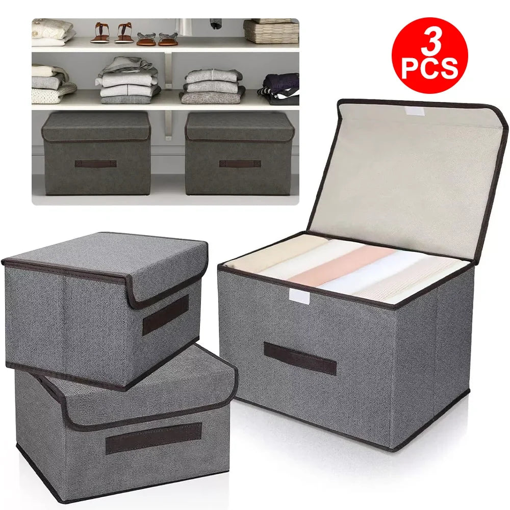 Set of 3 Large Foldable Canvas Storage Boxes - Fabric Clothes Baskets with Lid