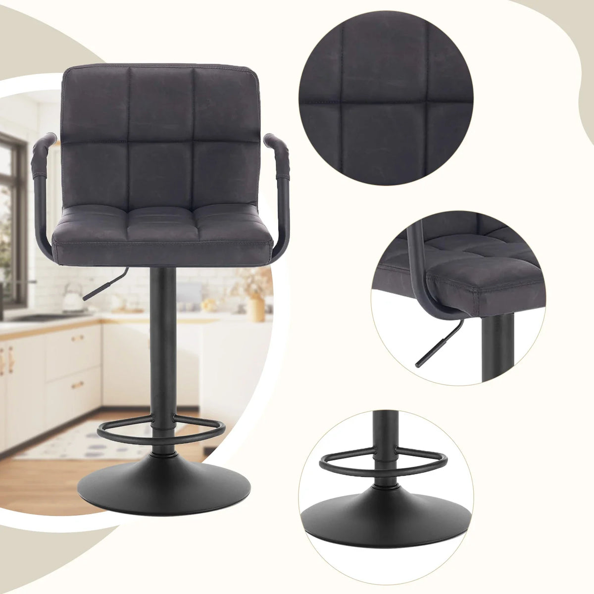 Set of 2 Padded Faux Leather Swivel Bar Stools - Height-Adjustable Backrest Arm