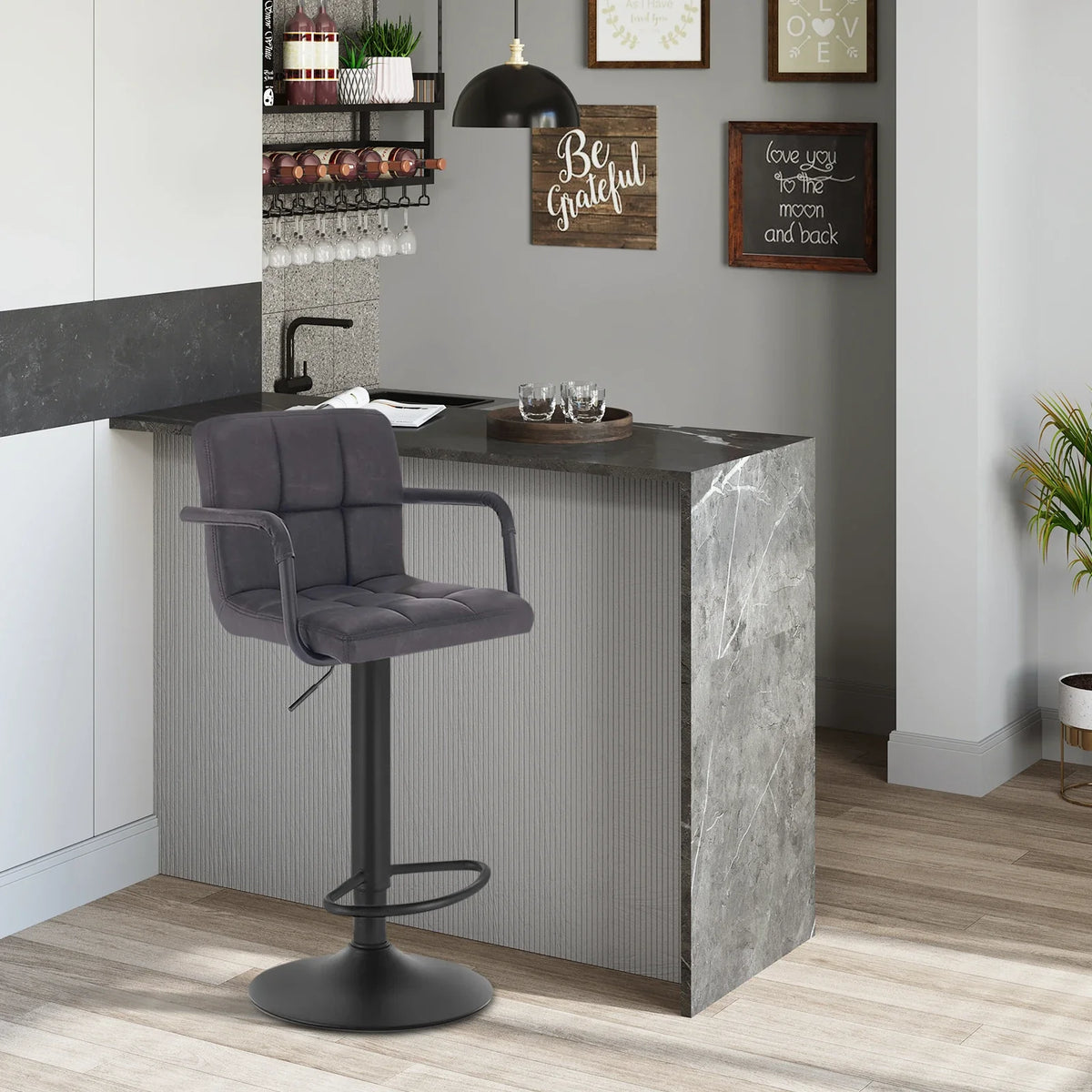 Set of 2 Padded Faux Leather Swivel Bar Stools - Height-Adjustable Backrest Arm