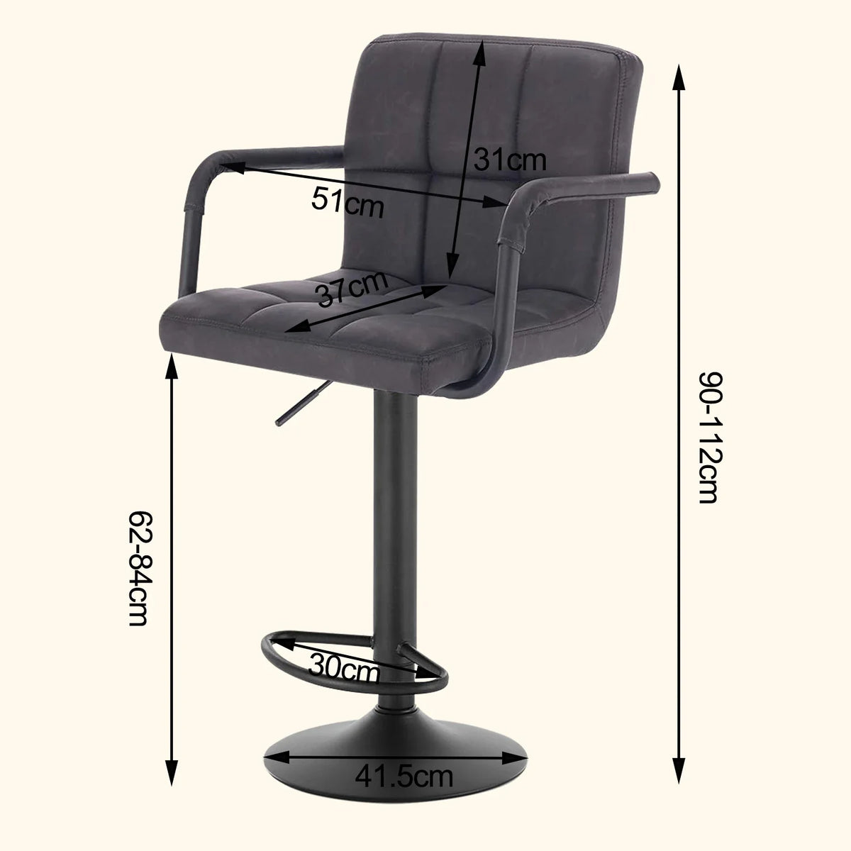 Set of 2 Padded Faux Leather Swivel Bar Stools - Height-Adjustable Backrest Arm