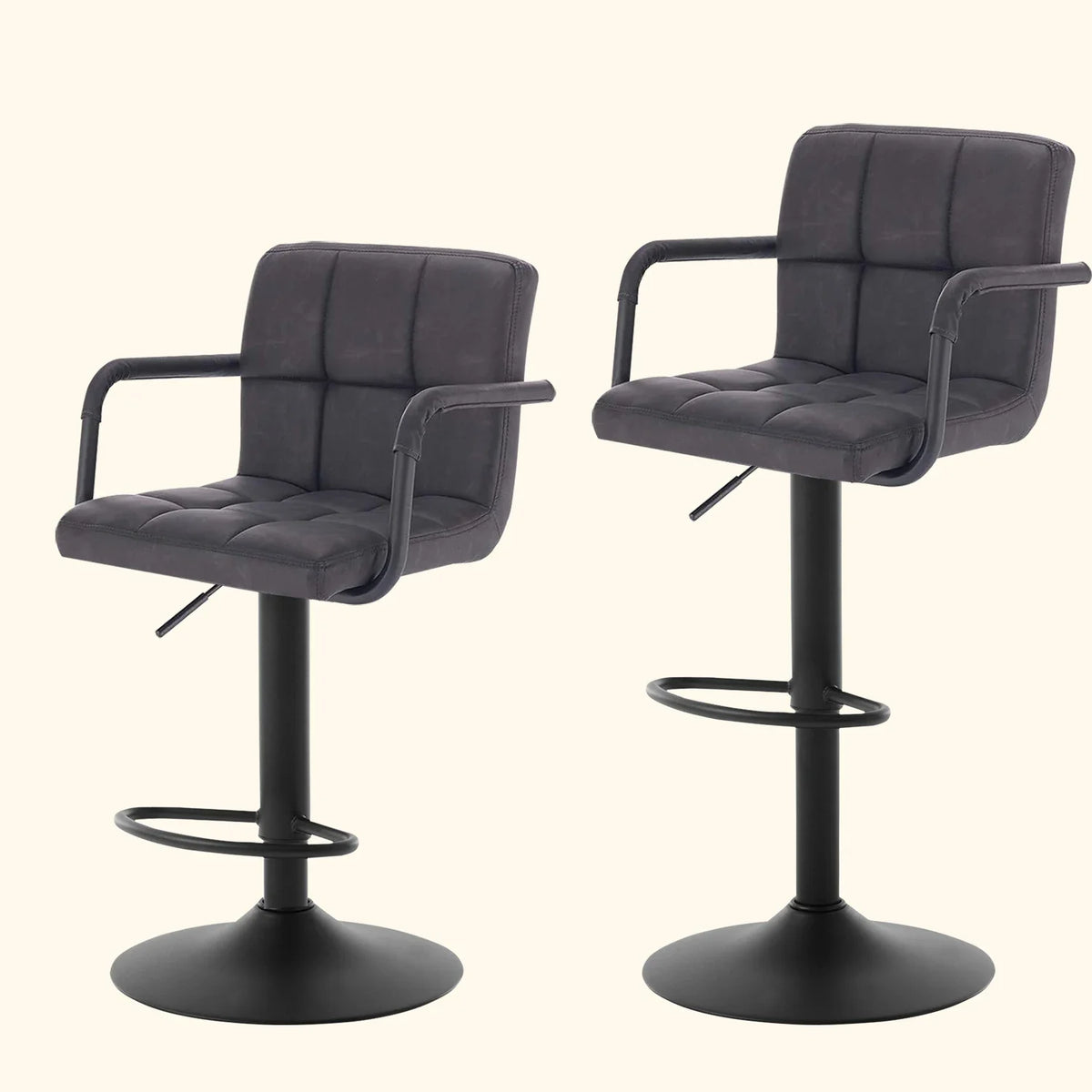 Set of 2 Padded Faux Leather Swivel Bar Stools - Height-Adjustable Backrest Arm