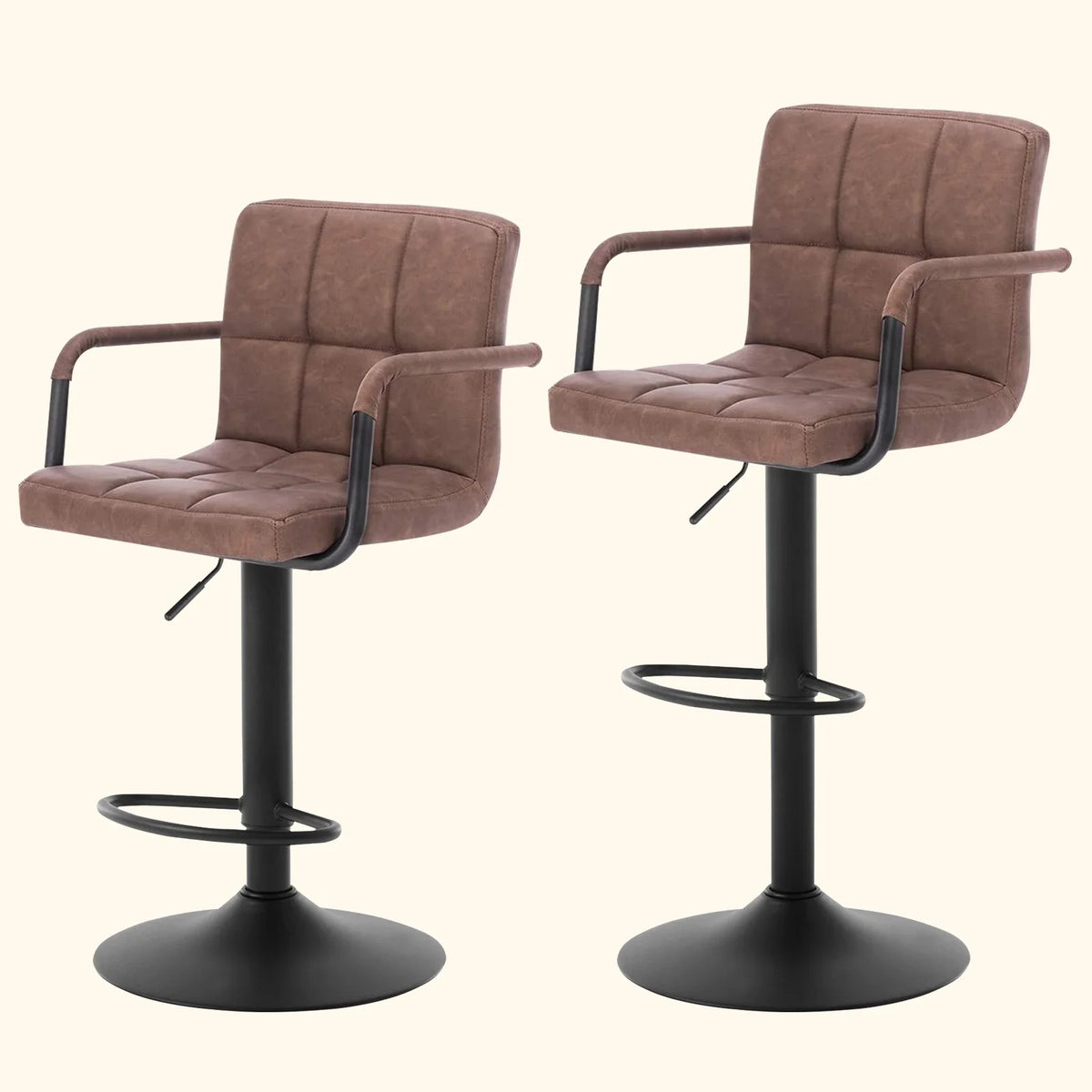 Set of 2 Padded Faux Leather Swivel Bar Stools - Height-Adjustable Backrest Arm