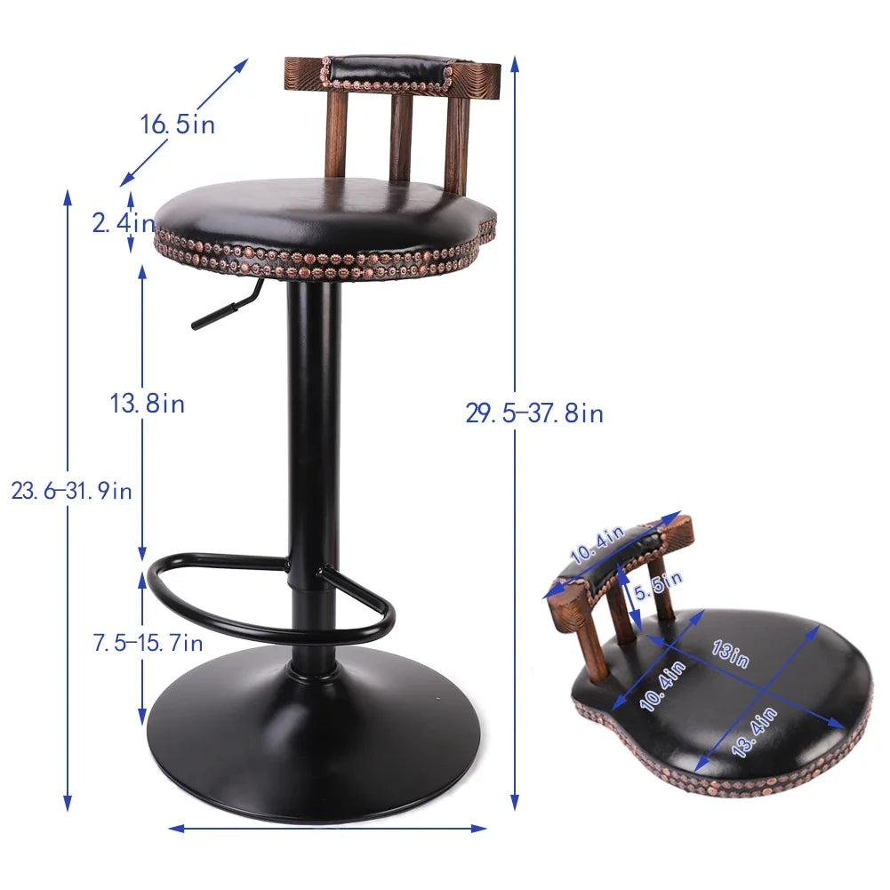 Set of 2 Retro Adjustable Round Leather Seat Bar Stools with Swivel & Footrest