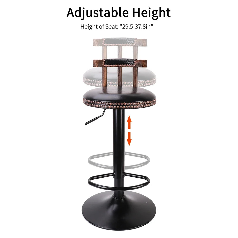 Set of 2 Retro Adjustable Round Leather Seat Bar Stools with Swivel & Footrest