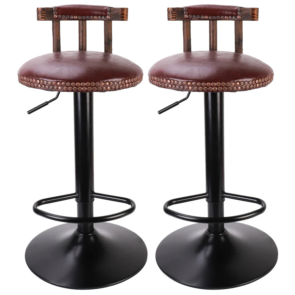 Set of 2 Retro Adjustable Round Leather Seat Bar Stools with Swivel & Footrest