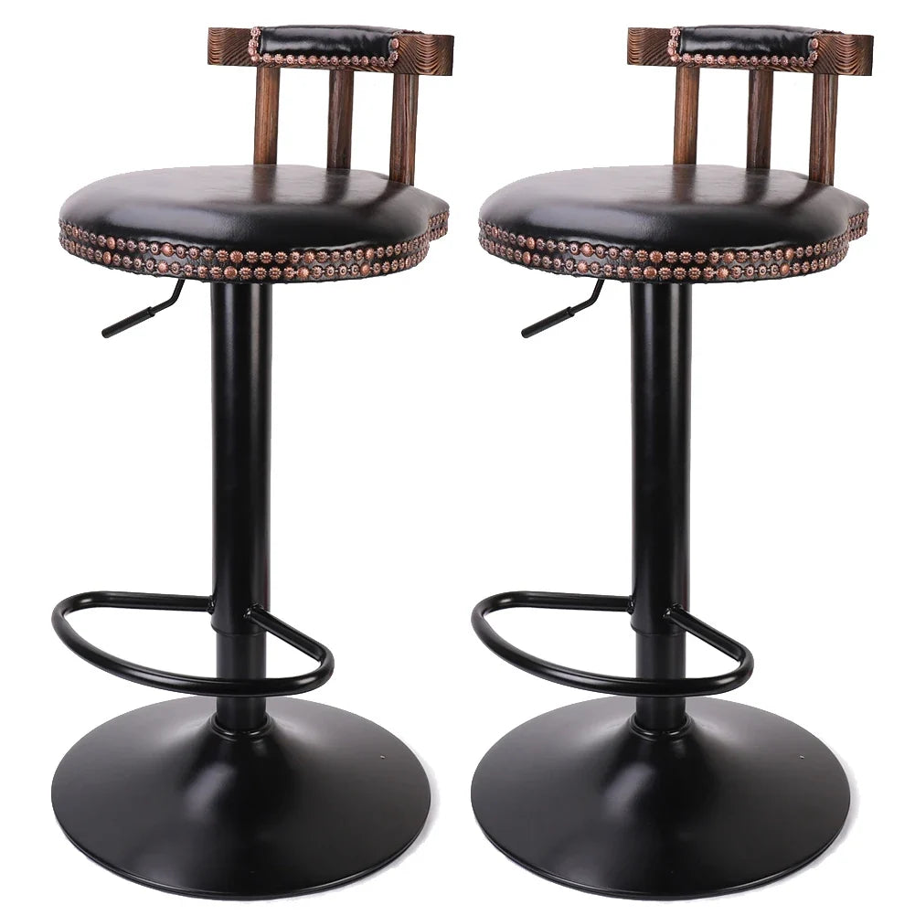 Set of 2 Retro Adjustable Round Leather Seat Bar Stools with Swivel & Footrest