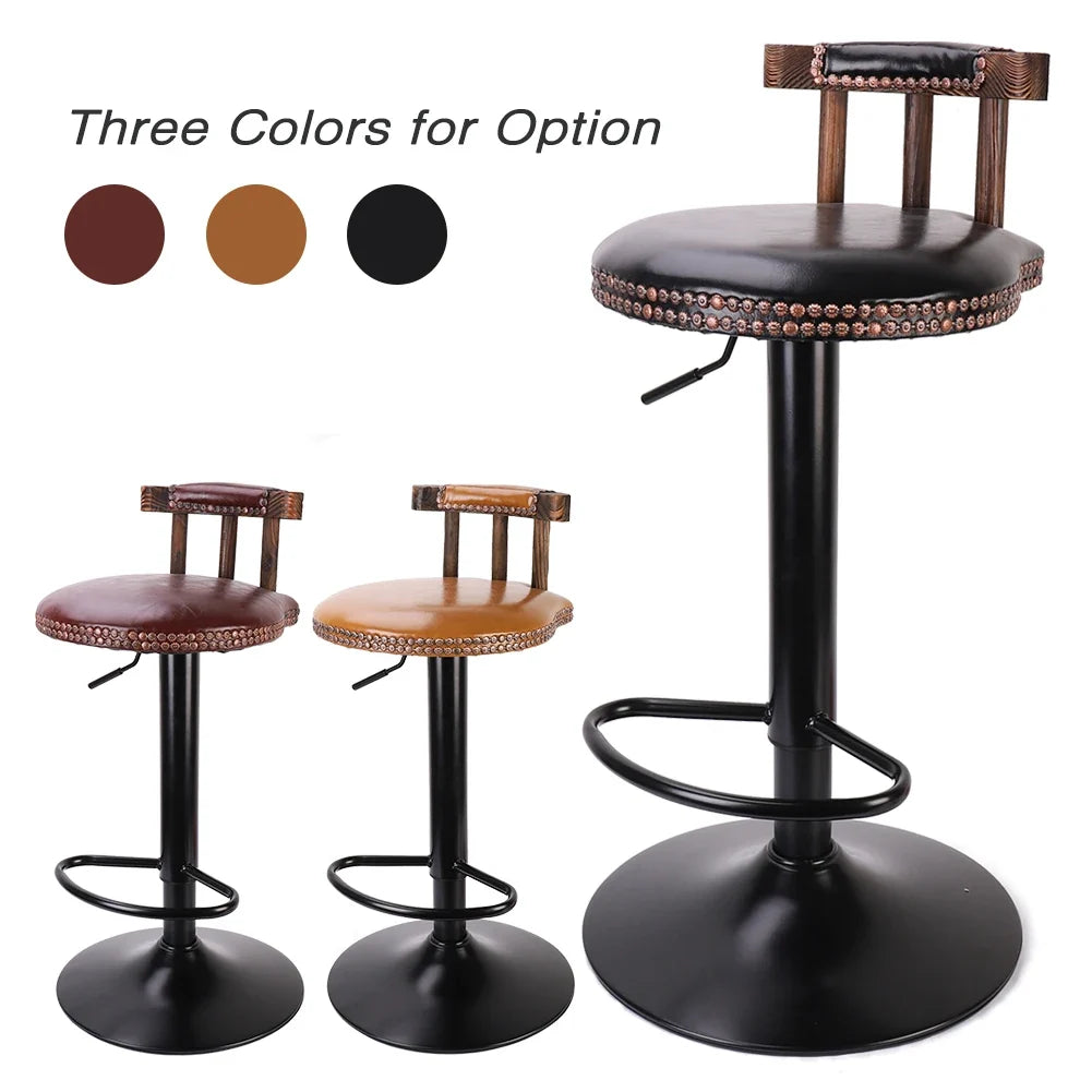 Set of 2 Retro Adjustable Round Leather Seat Bar Stools with Swivel & Footrest