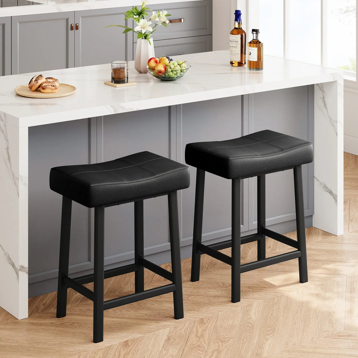 Bar Stools Set of 2 – Backless Saddle Counter Stool, Leather Kitchen Wide Chairs