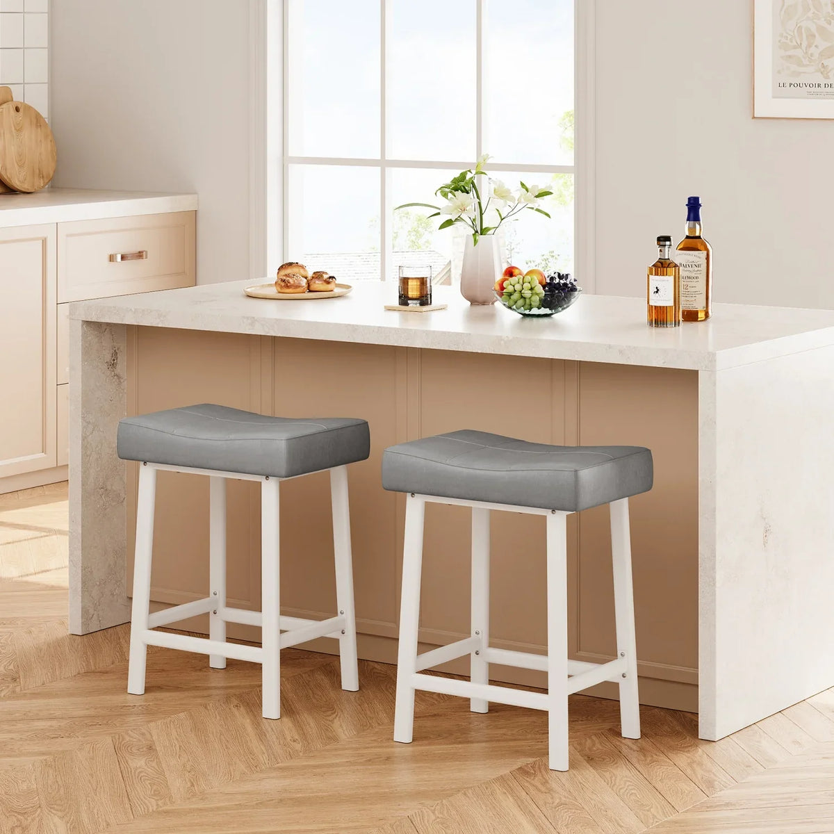 Bar Stools Set of 2 – Backless Saddle Counter Stool, Leather Kitchen Wide Chairs