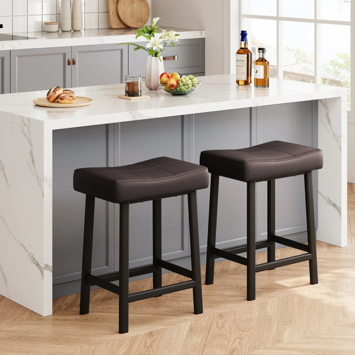 Bar Stools Set of 2 – Backless Saddle Counter Stool, Leather Kitchen Wide Chairs