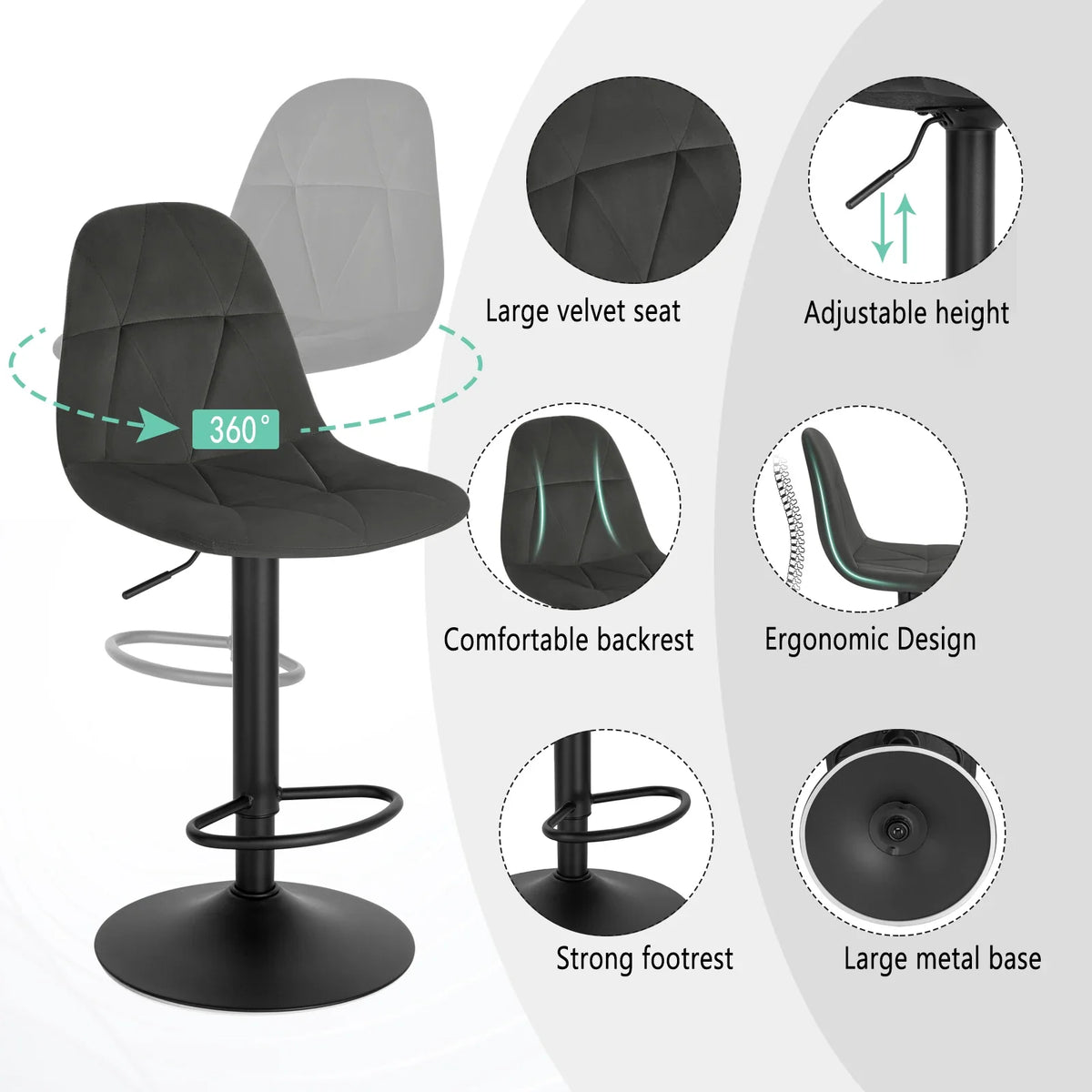 Set of 2 Height Adjustable Velvet Bar Stools - Swivel Counter Chairs Backrest