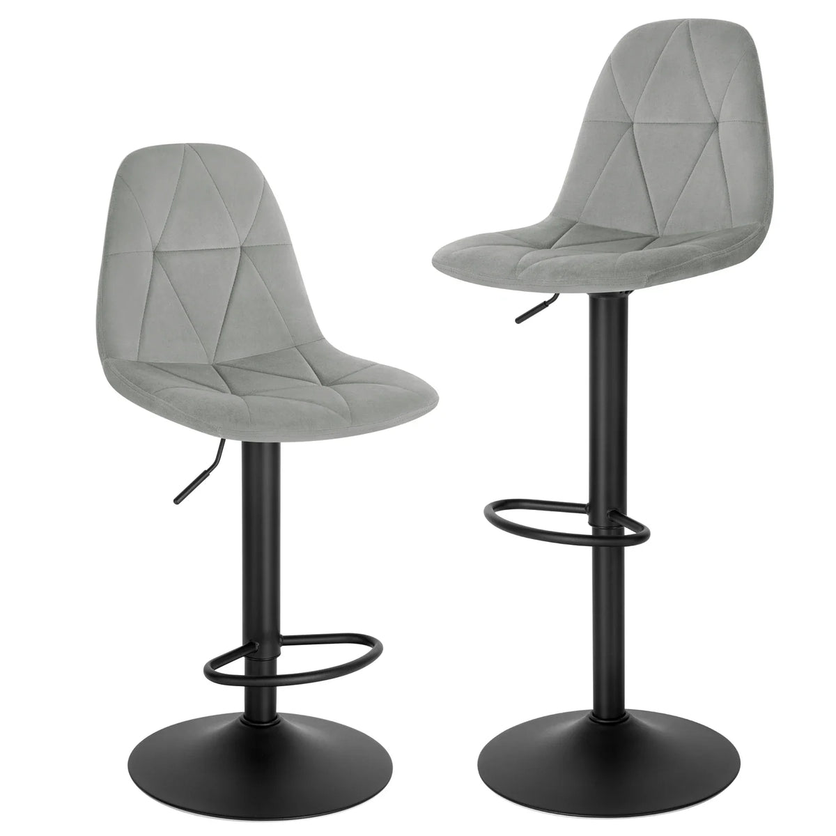 Set of 2 Height Adjustable Velvet Bar Stools - Swivel Counter Chairs Backrest