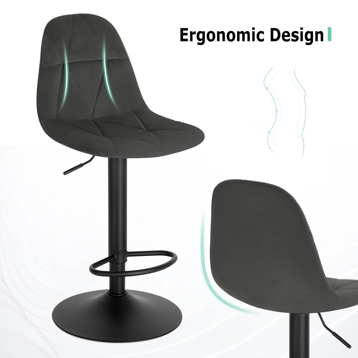 Set of 2 Height Adjustable Velvet Bar Stools - Swivel Counter Chairs Backrest