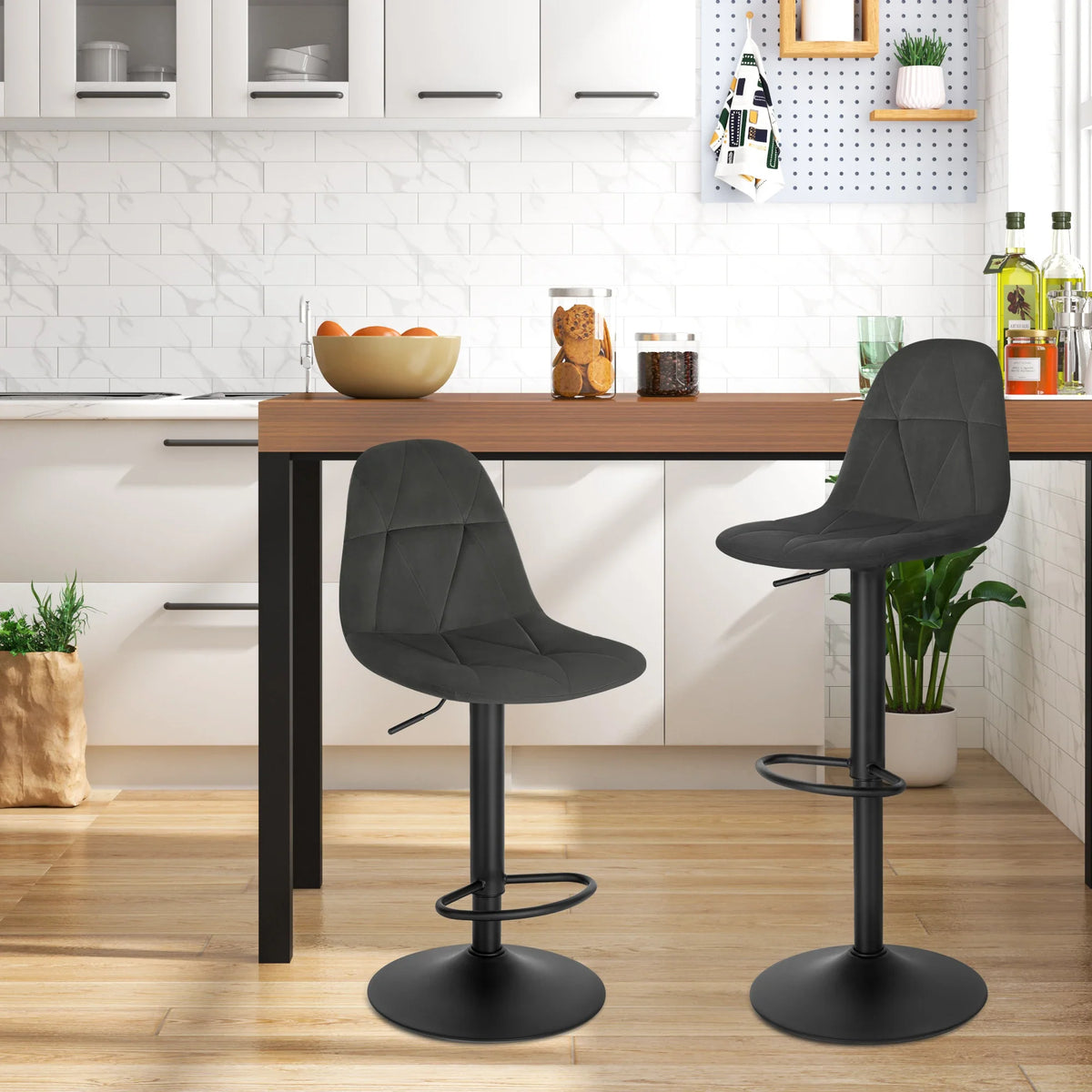 Set of 2 Height Adjustable Velvet Bar Stools - Swivel Counter Chairs Backrest