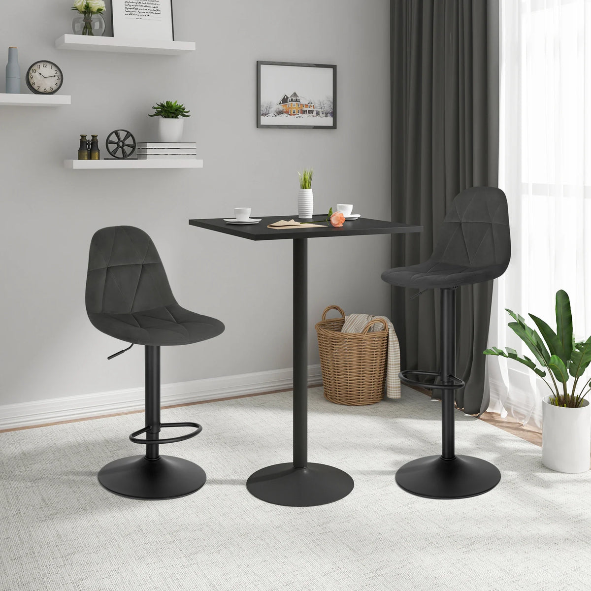 Set of 2 Height Adjustable Velvet Bar Stools - Swivel Counter Chairs Backrest