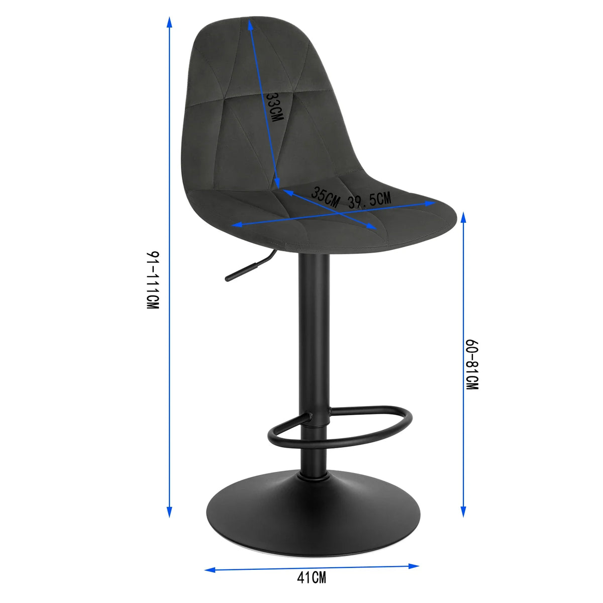 Set of 2 Height Adjustable Velvet Bar Stools - Swivel Counter Chairs Backrest