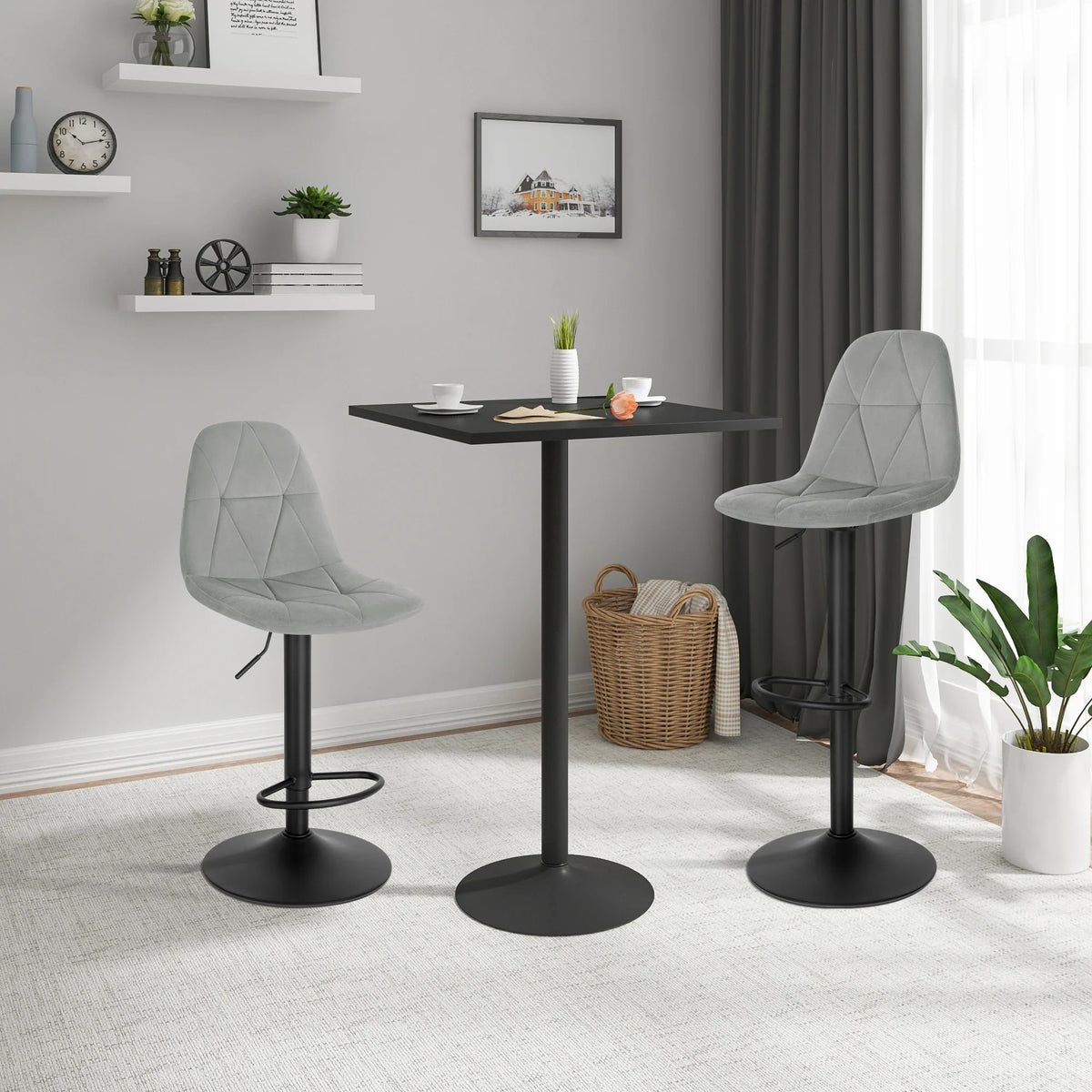 Set of 2 Height Adjustable Velvet Bar Stools - Swivel Counter Chairs Backrest