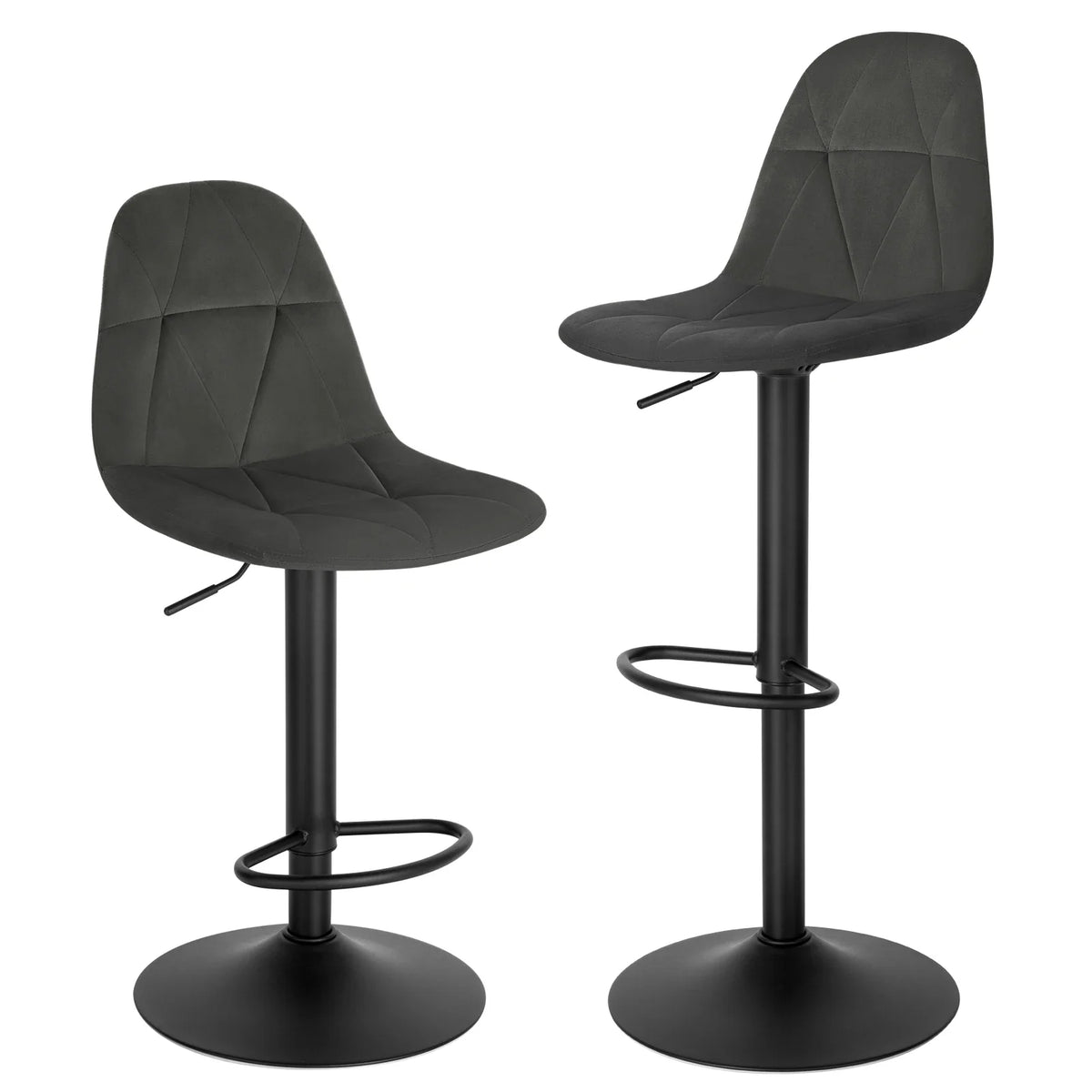 Set of 2 Height Adjustable Velvet Bar Stools - Swivel Counter Chairs Backrest