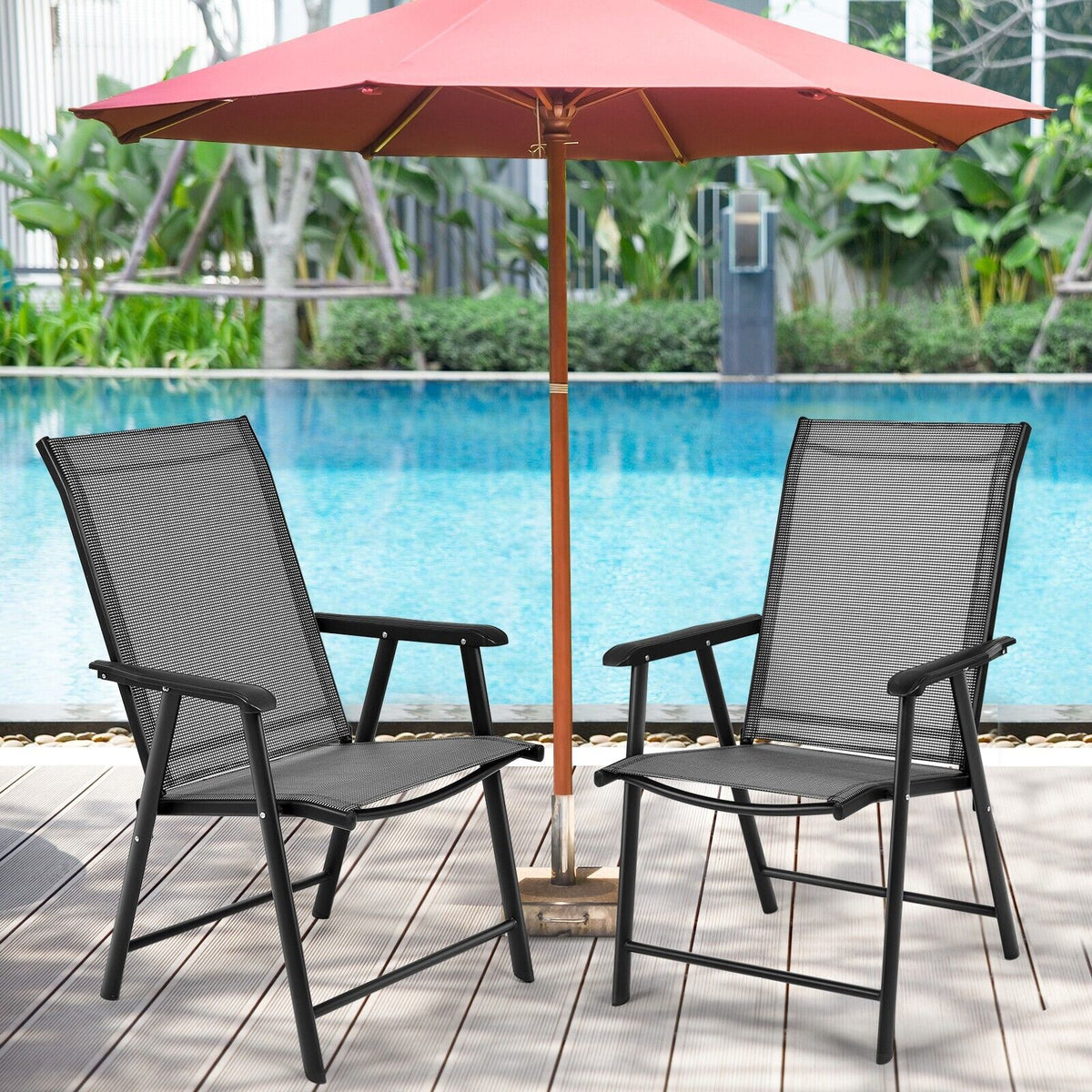 Set of 2 Folding Outdoor Dining Chairs with Ergonomic Armrests-Black